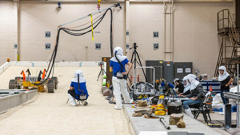 NASA's Volatiles Investigating Polar Exploration Rover, or VIPER, conducts mobility testing at NASA Glenn's Simulated Lunar Operation Laboratory (SLOPE).