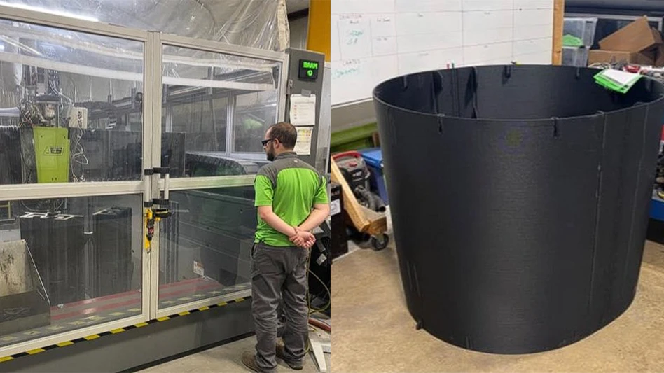 (LEFT) AES LFAM 3D printer; (RIGHT) LFAM 3D printed part for an autonomous underwater vehicle.