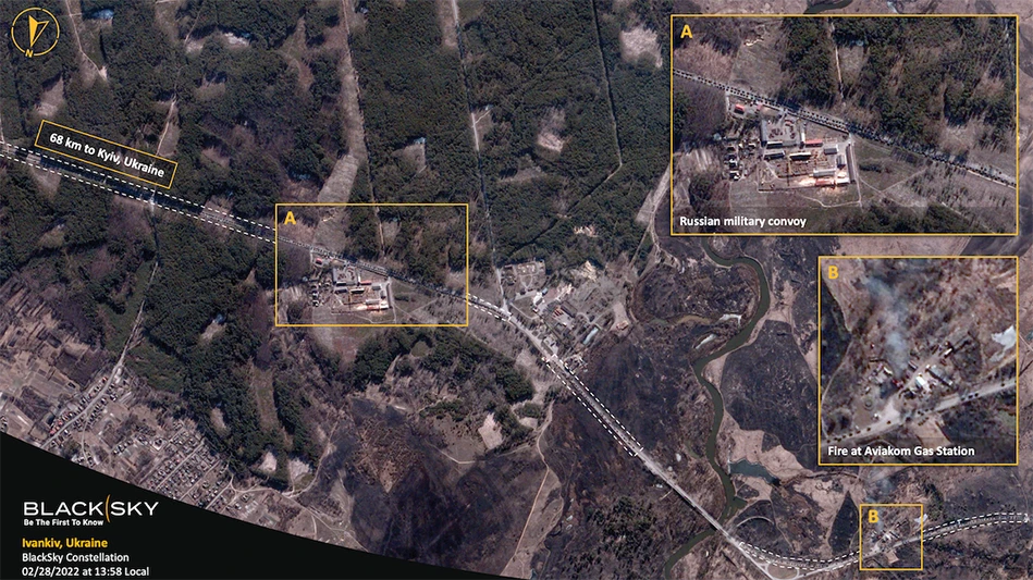 A BlackSky satellite image collected over Ivankiv, Ukraine on Feb. 28. A Russian military convoy passes through scorched countryside northwest of Kyiv.