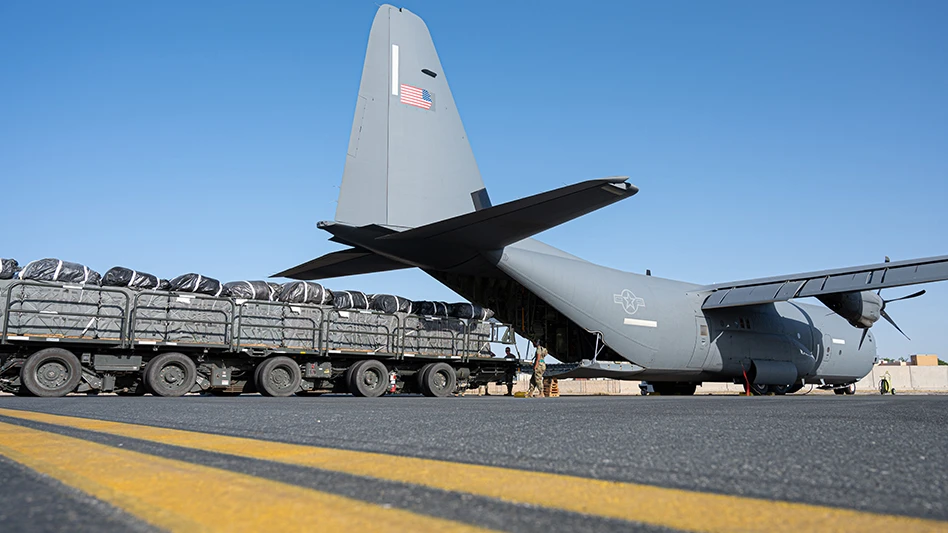 Bundles of humanitarian aid destined for Gaza are loaded onto a U.S. Air Force C-130J Super Hercules transport aircraft at an undisclosed location within the U.S. Central Command’s area of responsibility.