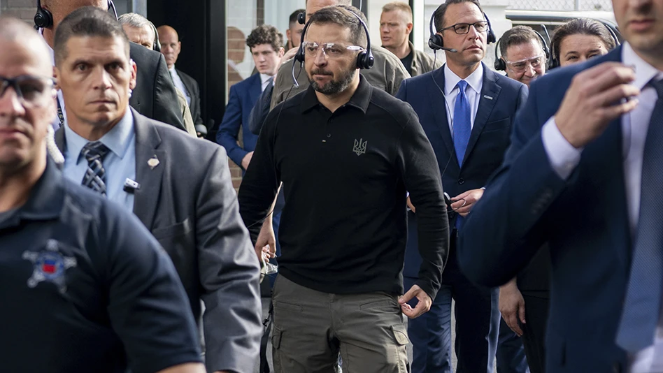 In this photo provided by the U.S. Army, Ukrainian President Volodymyr Zelenskky, center, tours the Scranton Army Ammunition Plant in Scranton, Pa., Sunday, Sept. 22, 2024.