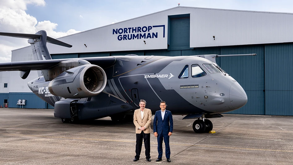 Tom Jones, corporate vice president and president, Northrop Grumman Aeronautics Systems (left) and Bosco da Costa Junior, president and CEO, Embraer Defense & Security (right).